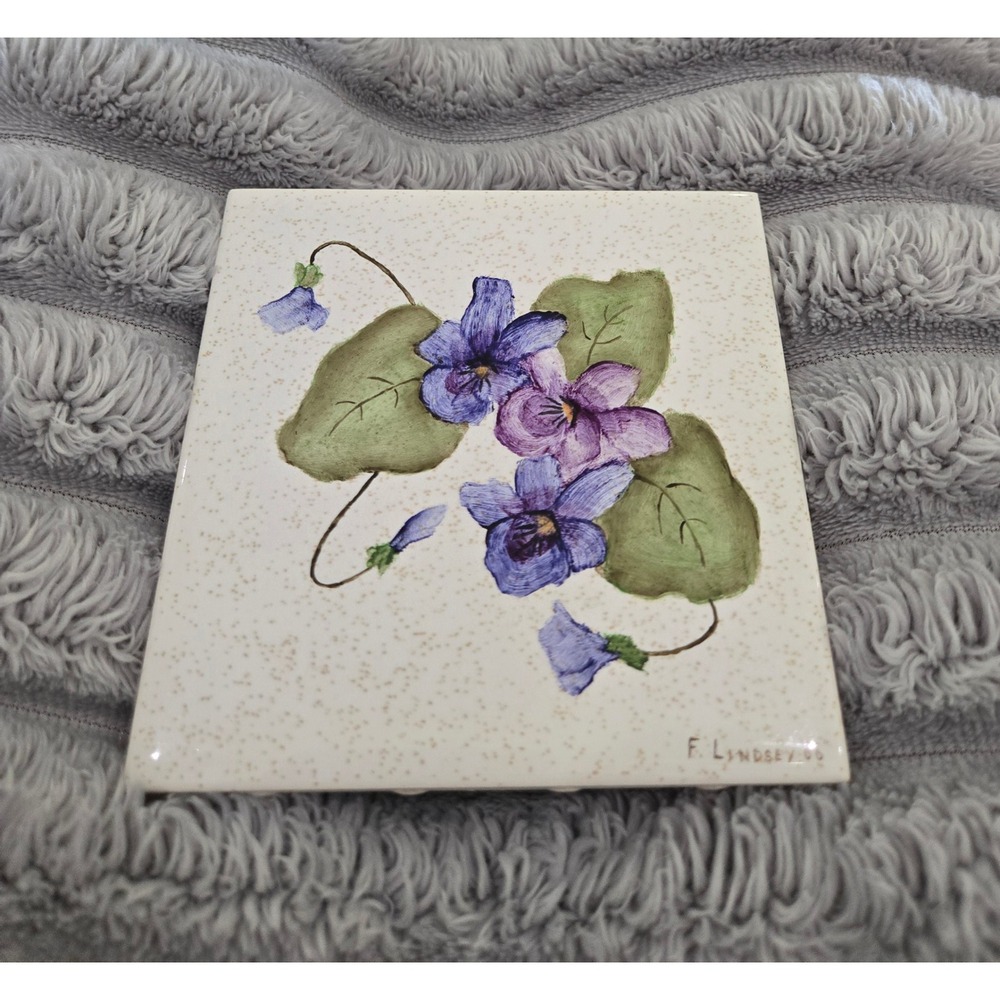 Vintage 1966 F Lindsey Hand Painted Violet Ceramic Tile Japan 4.25in